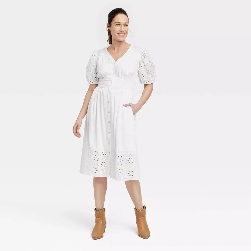 KNOX ROSE EYELET MIDI DRESS - White - Button Down - L Large - NWT - COWGIRL UP
